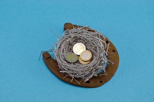 retro rusty horseshoe and silver bird nest with euro currency coins in it on blue background.