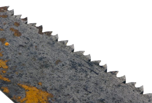 closeup of rusty retro hand saw handsaw tool metal blade isolated diagonally on white background