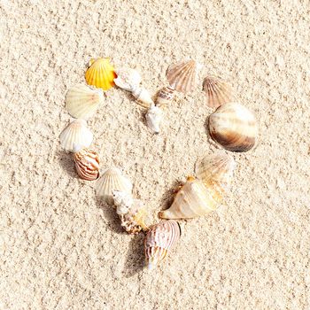 heart made with shells on sand of a beach 
