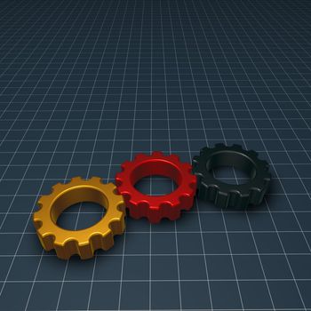 three gear wheels in german colors - 3d illustration
