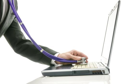 Side view of serviceman hand checking old and dirty laptop with stethoscope. Over white background. 