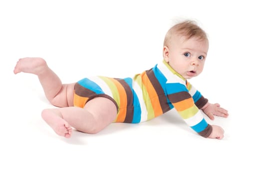 Shot of little baby lying on white background