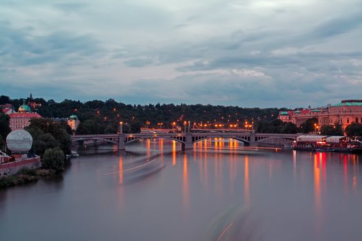 Evening View of The Vltava River and Bridges in Prague , Czech republic