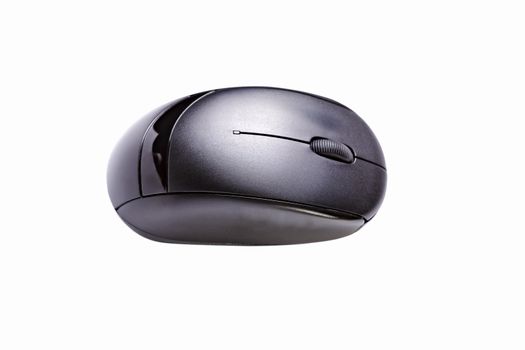 Black wireless computer mouse on a white background