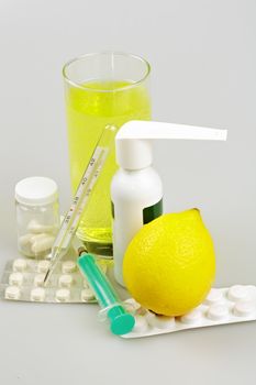 Medical supplies, tablets and capsules, spray throat and drink, lemon