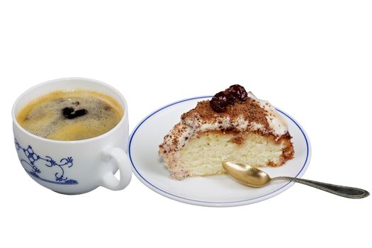 Cake on a plate with a cup of coffee. Isolate on white background