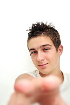 young man stretch out his hand on the white background