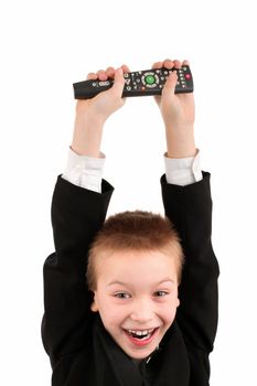 happy boy with remote control isolated