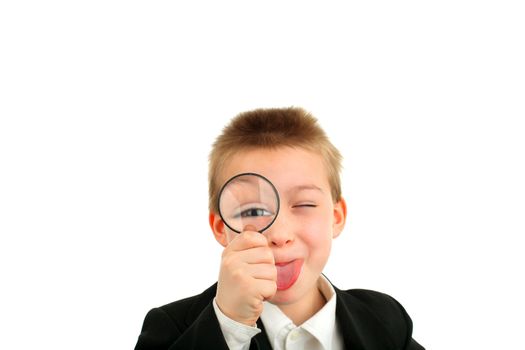 funny boy with loupe isolated on the white