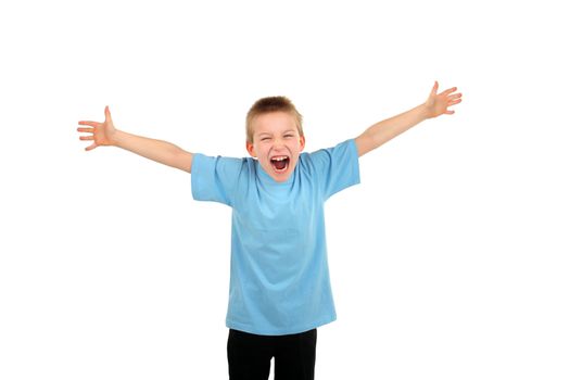 screaming boy spreading hands isolated on the white