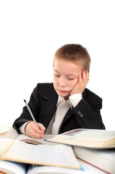 schoolboy writing isolated on the white background