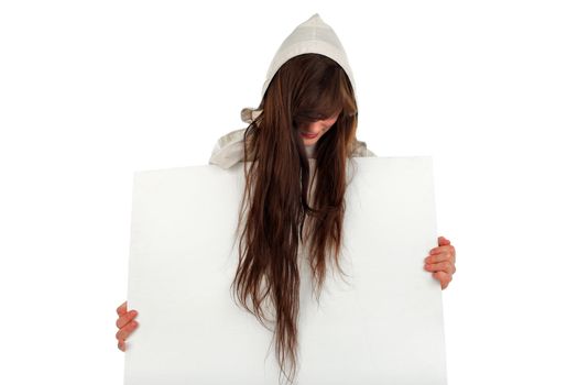 teenage girl with hidden face with blank papper isolated on the white