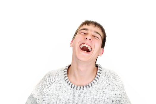 happy young man laughing on the white background