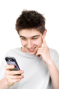 happy young man look on mobile phone isolated on the white background