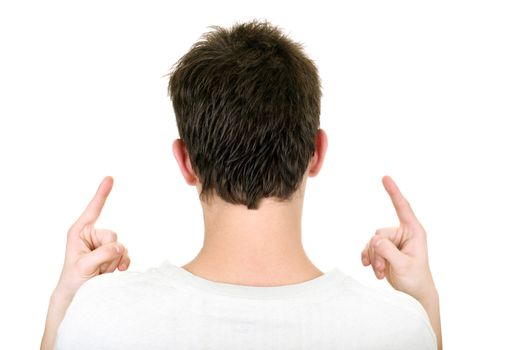 rear view of the young man with fingers up. isolated on the white background