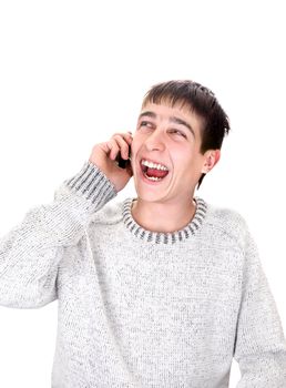 happy young man with mobile phone isolated on the white background