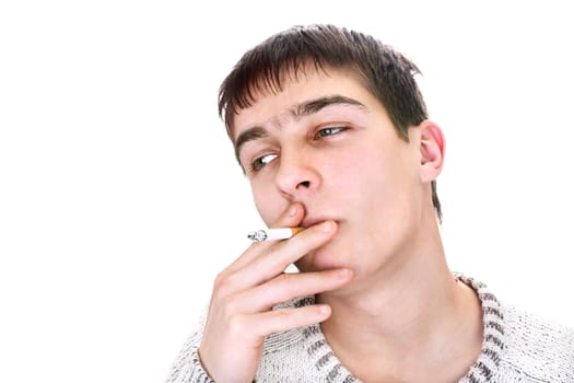 young man is smoking cigarette. isolated on the white background