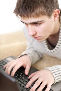 serious teenager with notebook working in home on sofa