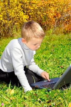 serious boy with notebook in the autumn park