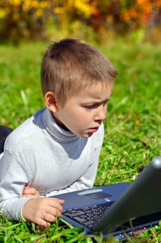 serious boy with notebook in the autumn park