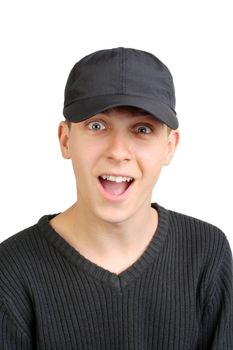 surprised teenager in black cap with open mouth isolated on the white background