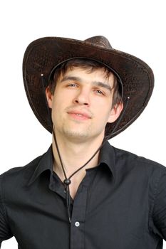 man portrait in the studio in the stetson hat. isolated on the white background