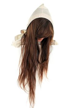 girl with hidden face with long brown hair isolated on the white