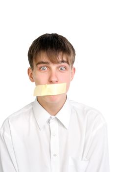 surprised teenager with sealed mouth isolated on the white background