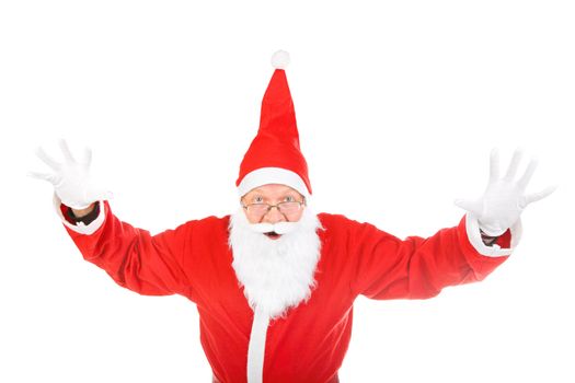 dreadful santa claus spread his hands. isolated on the white background