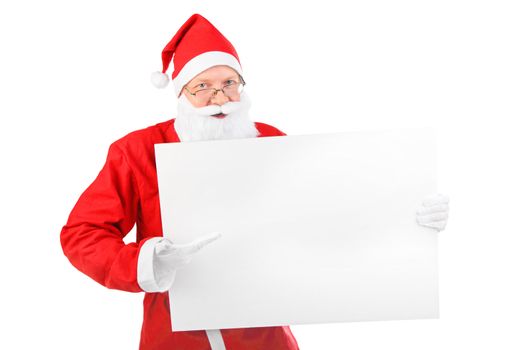 cheerful santa claus with big blank paper. isolated on the white background