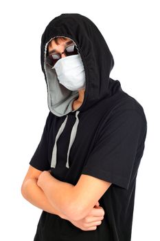 teenager in the glasses and flu mask isolated on white background