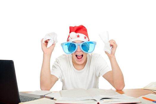 nervous student in santa's hat and big blue glasses. isolated on the white background