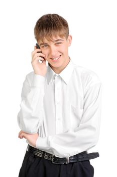 teenager speaking by mobile phone isolated on the white background