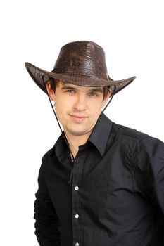 man portrait in the studio in the stetson hat. isolated on the white background