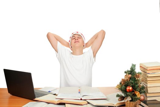 satisfied student finish his work in christmas eve. isolated on the white background