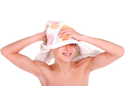 happy teenager after bathing isolated on the white