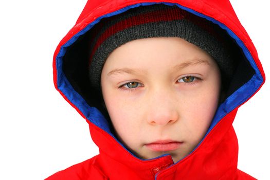Sad young Boy portrait In the Winter. Isolated on the white