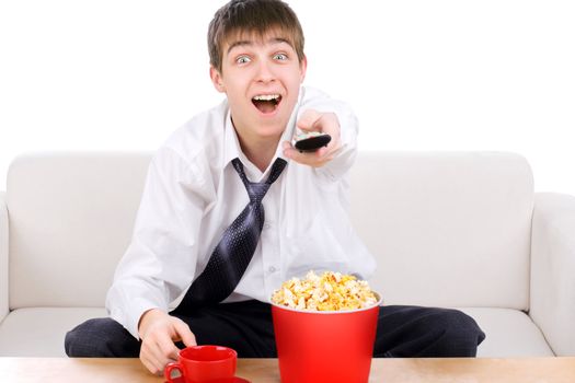 Happy Teenager with Remote Control and Popcorn