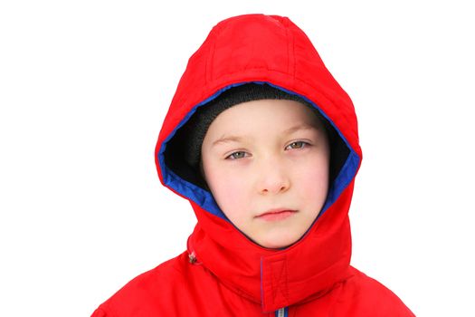 Sad young Boy portrait In the Winter. Isolated on the white