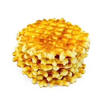 A stack of golden round waffles isolated on white background