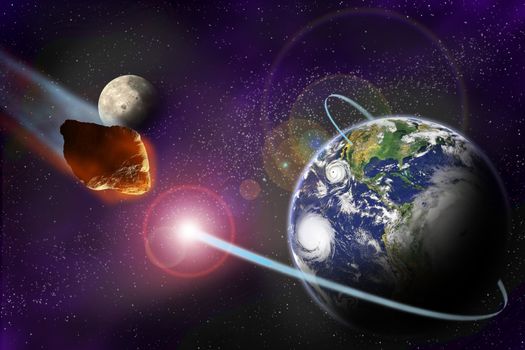Attack of the asteroid on the planet in the universe. Abstract illustration of a meteor impact.