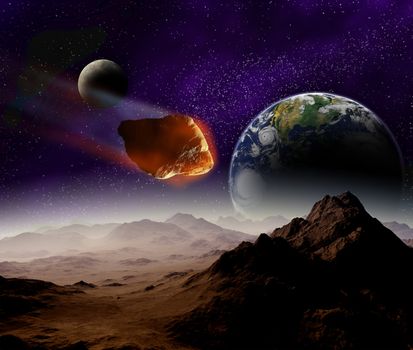 Attack of the asteroid on the planet in the universe. Abstract illustration of a meteor impact.