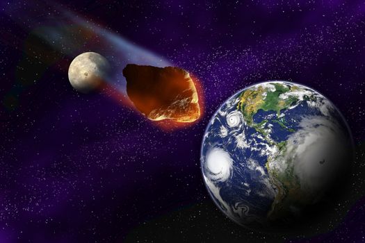 Attack of the asteroid on the planet in the universe. Abstract illustration of a meteor impact.