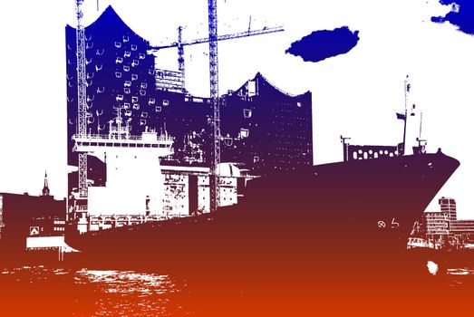 Ship and the Elbe Philharmonic Hall (Elbphilharmonie) in Hamburg