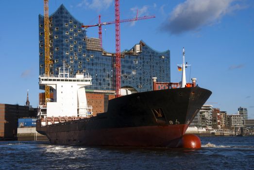 Ship and the Elbe Philharmonic Hall (Elbphilharmonie) in Hamburg