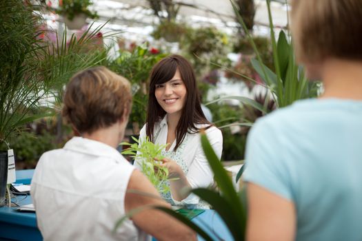 Customers in a garden center standing in line at cashier