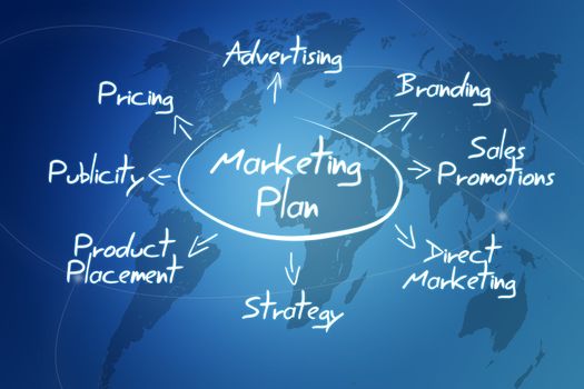 marketing plan concept on blue world map with lines