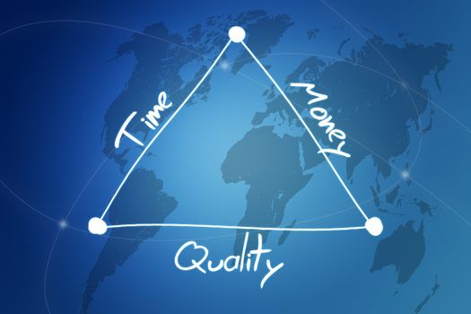 handwritten diagram concept of time, quality and money on blue world map with lines