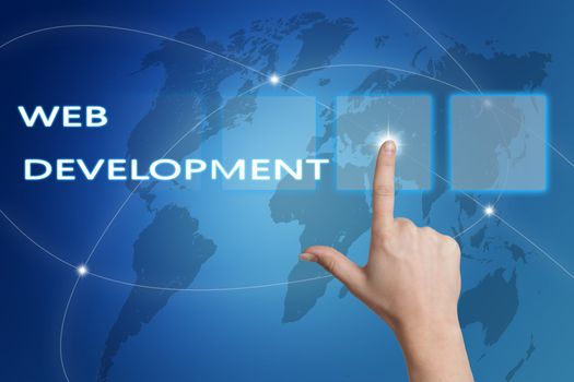 Web Development concept Illustration on blue background with world map