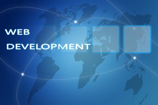 Web Development concept Illustration on blue background with world map